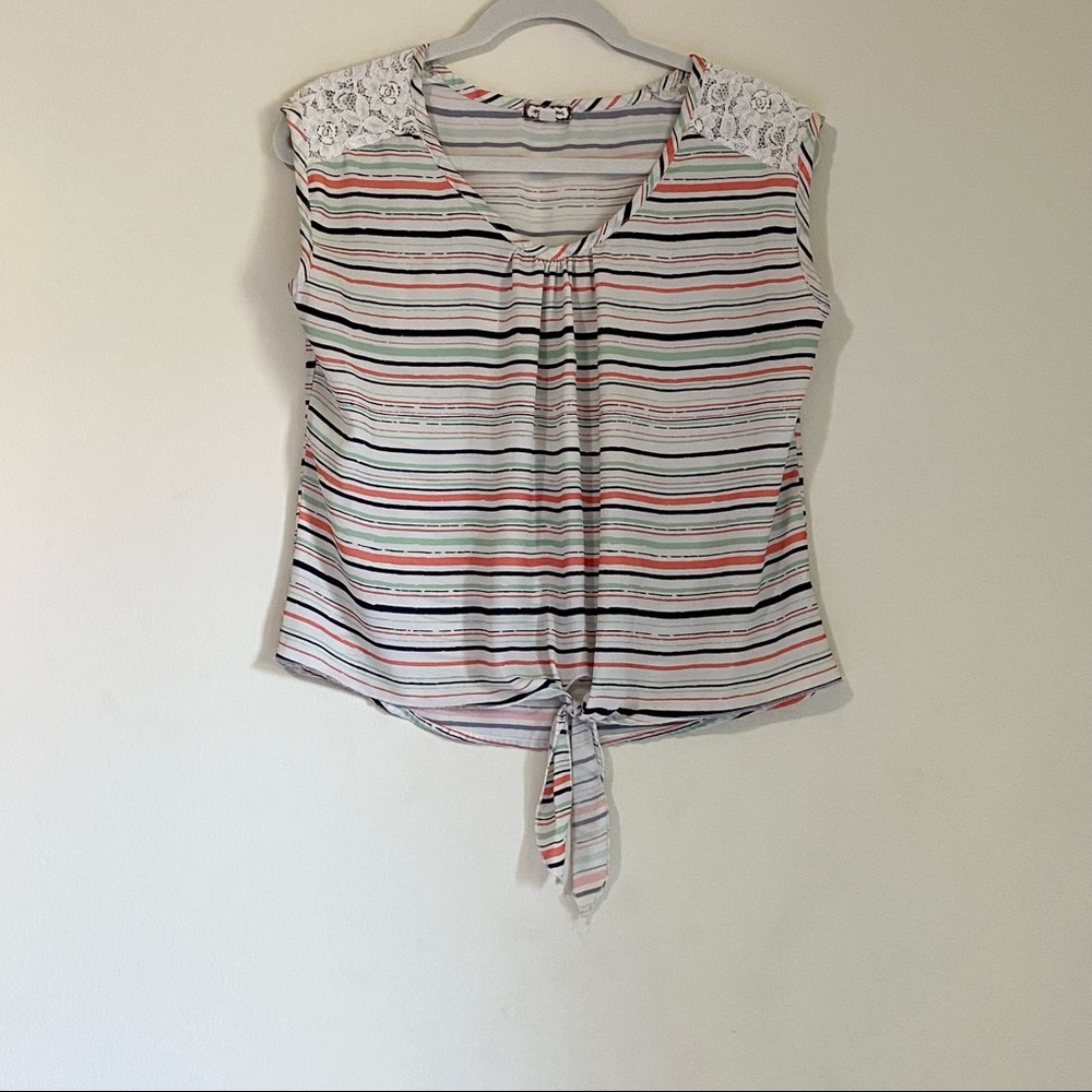 Striped Blouse, front tie, lace design on shoulder